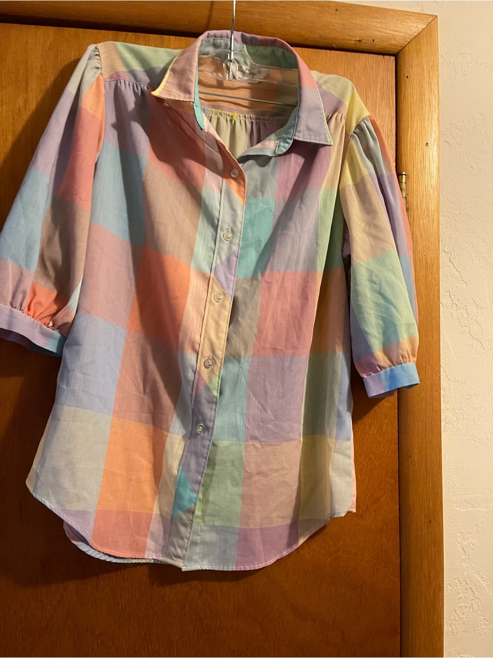 Vintage Cheryl Tiegs Colorful Plaid Button Down Shirt Puffed 3/4 Sleeve Size 12